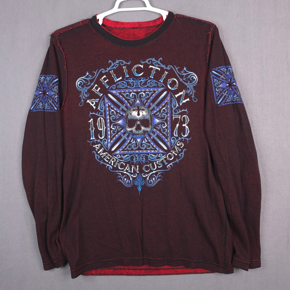 Affliction American Customs Reversible Thermal Shirt Mens XL Skull Eagle Red Y2K